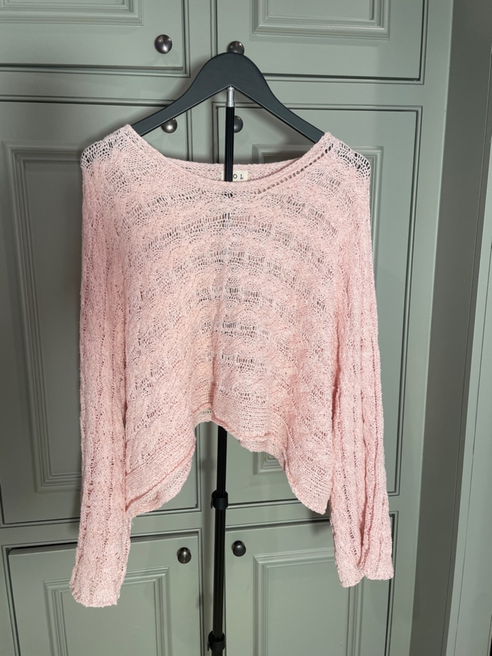 POL Light Pink Peach Open-Weave Cropped Knit Top
